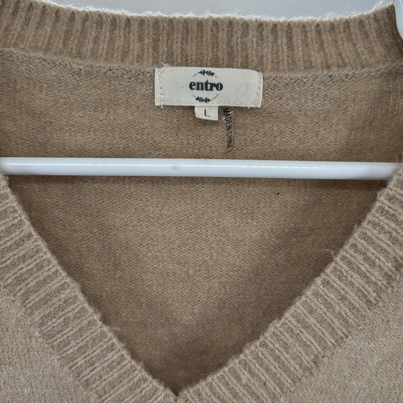 Entro Tan V-Neck denim sleeve contrast distressed sweater casual mixed material - Picture 7 of 13
